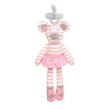 pink and white doll in stripes and a pacifier on its head
